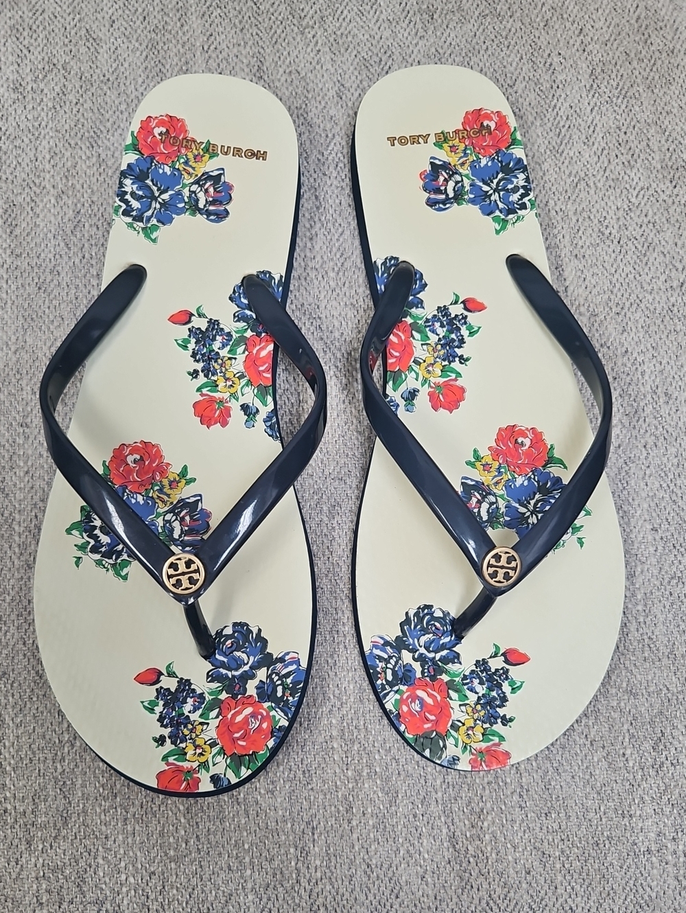 Tory Burch Navy Strap Floral Print Flip Flop Sandals